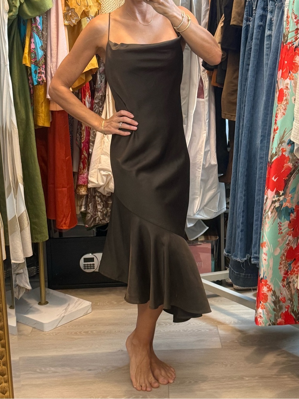 Sleek Black Midi Slip Dress with Flounce Hem